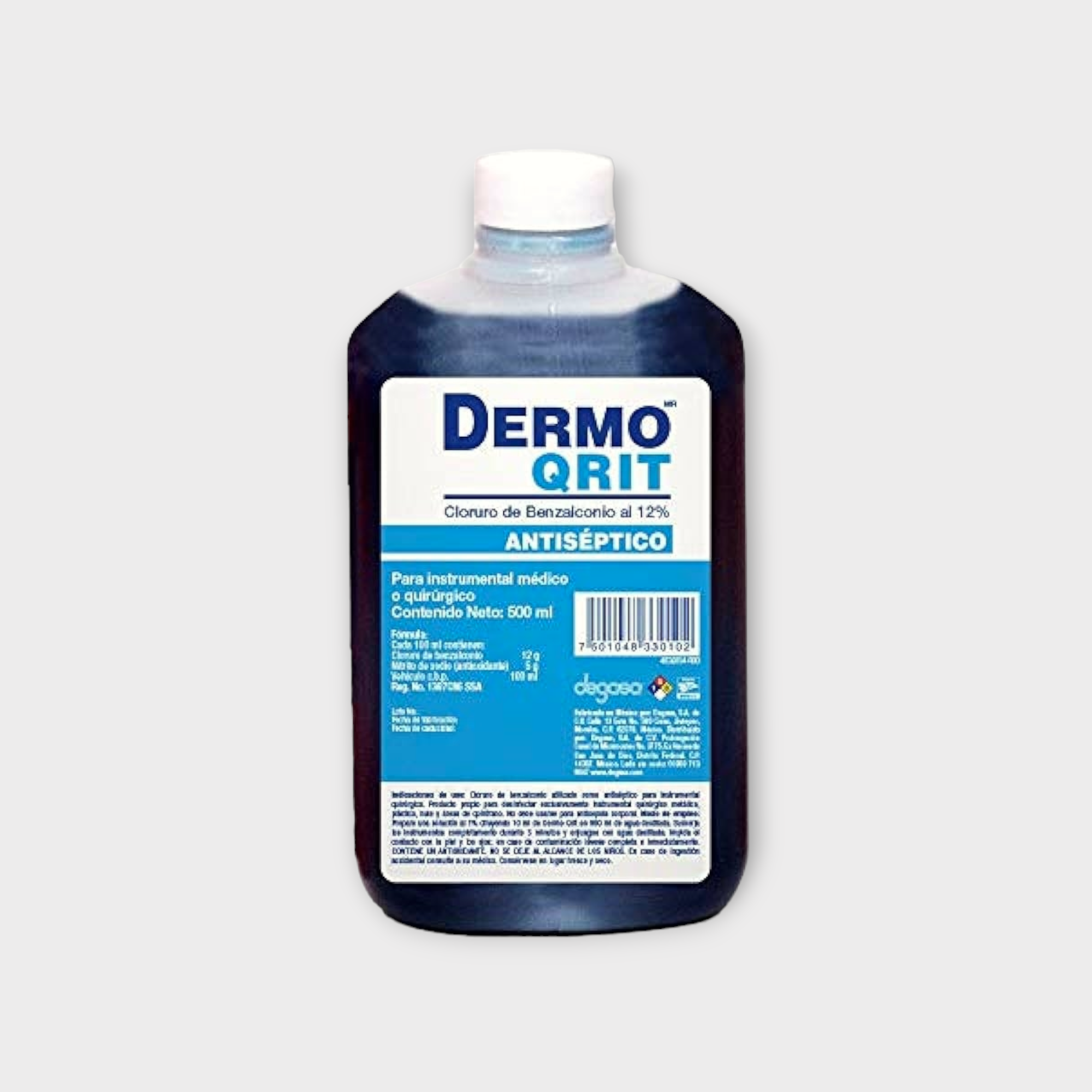 Solución desinfectante cloruro de benzalconio al 12% para instrumental médico o quirúrgico, metálico, plástico, huele, y áreas de quirófano - Dermo Qrit